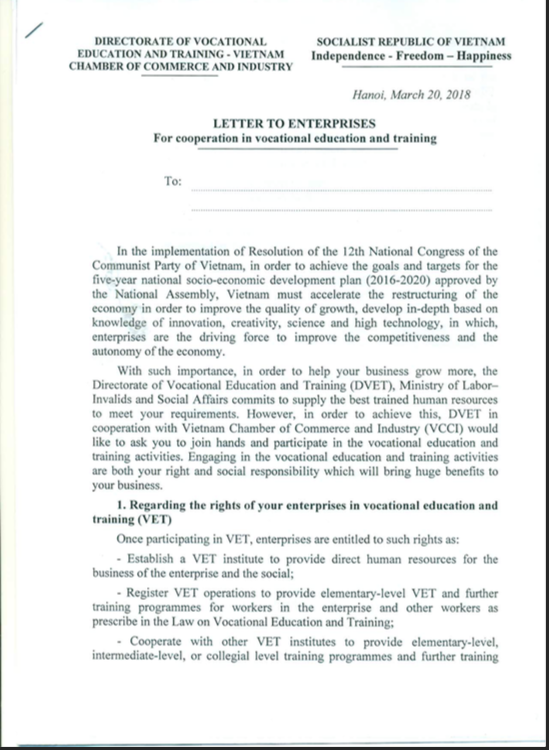 Letter for Enterprises for Cooperation in vocational education and trainning